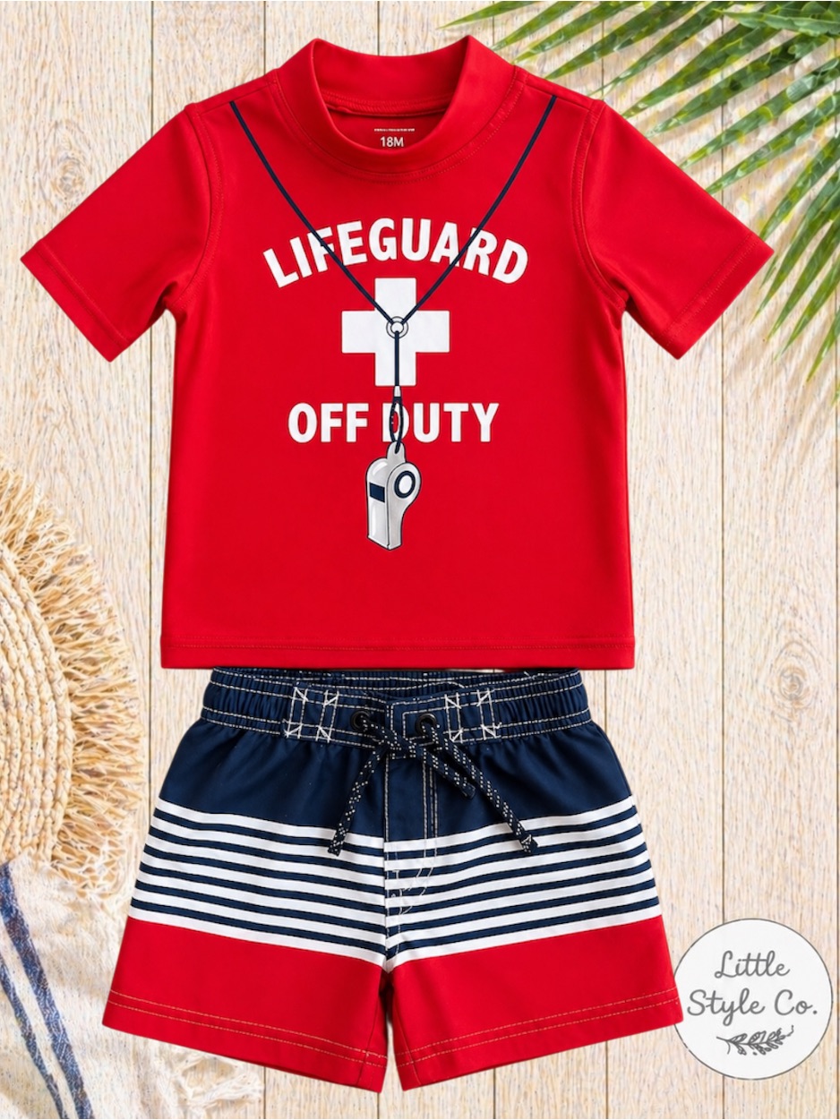Toddler Boys Lifeguard Swim Set 18m Red Rash Guard + Striped Swim Trunks Summer